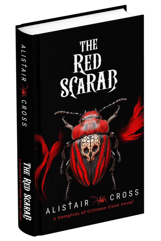 3D book cover for The Red Scarab. Image of a scarab beetle with a skull in the center of its back.