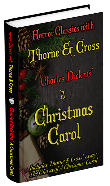 3D book cover for A Christmas Carol by Charles Dickens: pine cones, red berries, a wrapped present and a green bell.