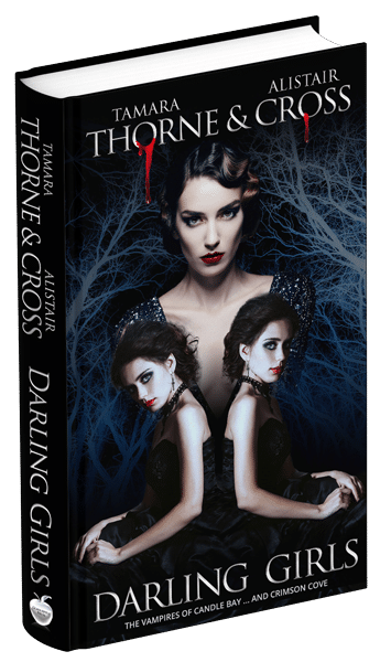 3D book cover for Darling Girls by Tamara Thorne & Alistair Cross: An older woman with twin teenage girls in front of her and dead trees with a dark blue overlay as the background.