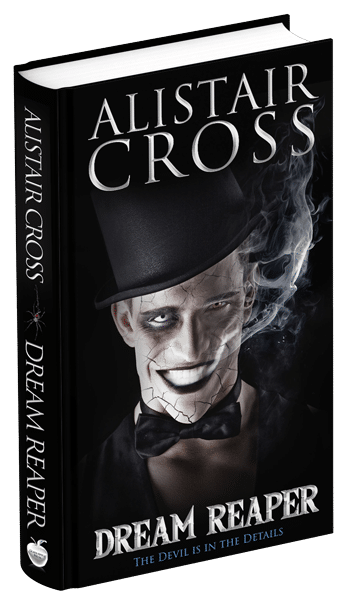 3D book cover for Dream Reaper by Alistair Cross: The cover is a pale man wearing a black top hat with smoke billowing from his mouth.