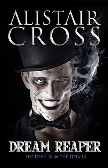 Book cover for Dream Reaper by Alistair Cross: The cover is a pale man wearing a black top hat with smoke billowing from his mouth.