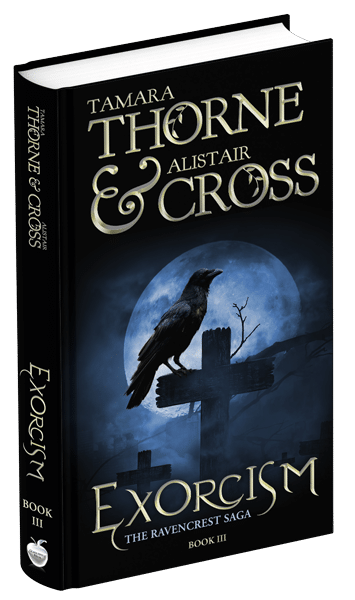 3D book cover for Exorcism by Tamara Thorne & Alistair Cross: A large black raven sitting on a tombstone shaped like a cross with a dark blue sky and full moon.
