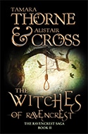 Book cover for The Witches of Ravencrest by Tamara Thorne & Alistair Cross: A large tree with a hanging rope tied around a thick limb and small birds flying in the background.