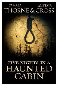 Book cover for Five Nights in a Haunted Cabin by Alistair Cross: A large dark amber full moon with a noose and black pine trees on a black background.