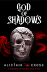 God of Shadows 3D book cover: Ceramic human skull with cracks that have blood leaking from them and a red ribbon strewn behind the skull.