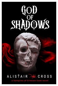 God of Shadows 3D book cover: Ceramic human skull with cracks that have blood leaking from them and a red ribbon strewn behind the skull.