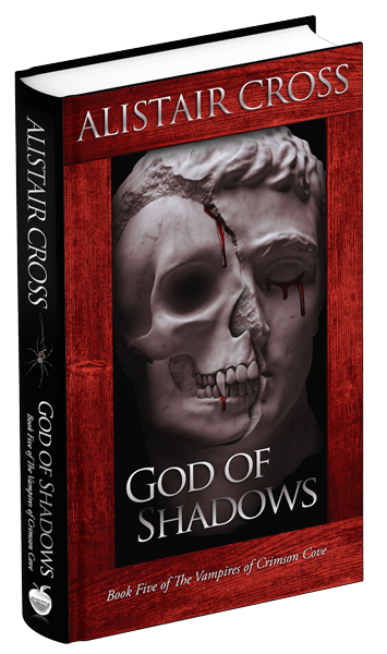 3D book cover for God of Shadows by Alistair Cross: Skull with cracks that have blood leaking from them. The image has a red frame around it.