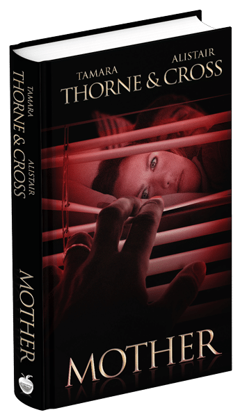 3D book cover for Mother by Tamara Thorne & Alistair Cross: A young husband and wife in bed. The husband is sleeping but the wife is looking at the blinds that are being parted by an older woman's fingers.