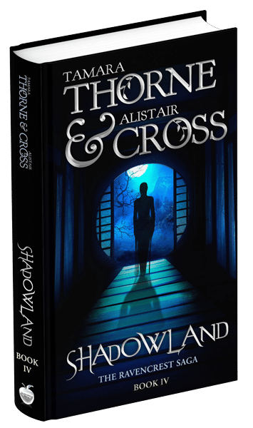 3D book cover for Shadowland by Tamara Thorne & Alistair Cross: A silhouette of a woman standing on a wooden walk way in front of a full moon set in a blue overcast.