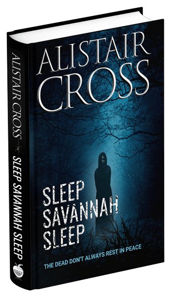 Book cover for Sleep Savannah Sleep by Alistair Cross: The cover is a woman hidden in the shadows of the dead trees and highlighted with a dark blue.