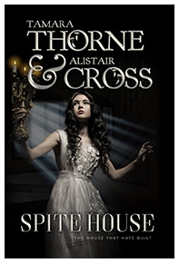 Book cover for Spite House by Tamara Thorne & Alistair Cross. The cover has a girl with long brown hair in a Gothic style white nightgown holding a brass candelabra while walking down the stairs with moonlight streaming behind her from a window.