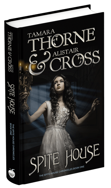 3D book cover for Spite House by Tamara Thorne & Alistair Cross: A girl with long brown hair carrying a candelabra with three lit candles while walking down the stairs and moonlight streaming through the white curtains.