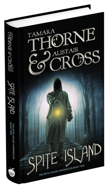 3D book cover for Spite Island by Tamara Thorne & Alistair Cross: A man walking at night on a bridge while holding a lantern in front of him and dead trees surrounding his silhouette.