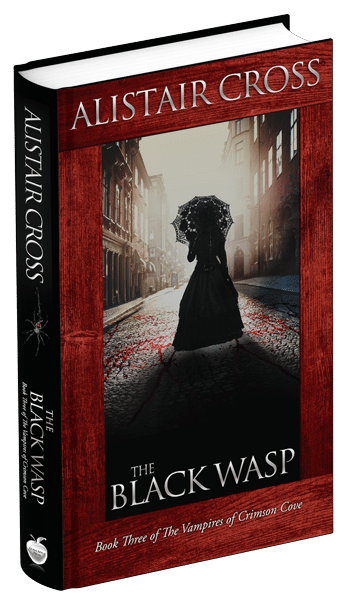 3D book Cover for The Black Wasp by Alistair Cross: A woman in shadows wearing a full-length, black A-line dress while holding a black umbrella. The image has a red frame around it.