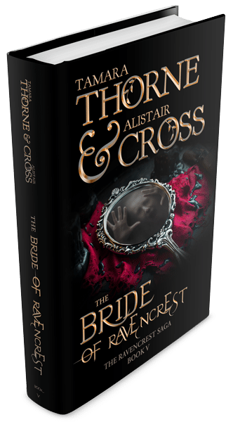 3D book cover for The Bride of Ravencrest by Tamara Thorne & Alistair Cross: A mirror with a concealed face and hands in the mirror is placed on a dark fuchsia satin cloth that's covered in black wax.
