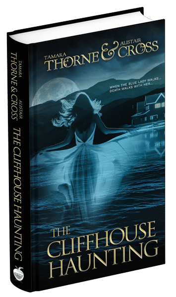 3D book cover of a ghostly woman hovering over a lake in front of a log cabin