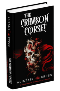 3D book cover for The Crimson Corset by Alistair Cross: Blonde female in a red and black corset. The image has a red frame around it.
