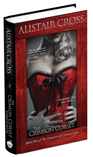 3D book cover for The Crimson Corset by Alistair Cross: Blonde female in a red and black corset. The image has a red frame around it.