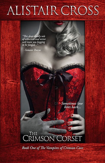 Book cover for The Crimson Corset by Alistair Cross: Blonde female in a red and black corset with a red frame around the image.