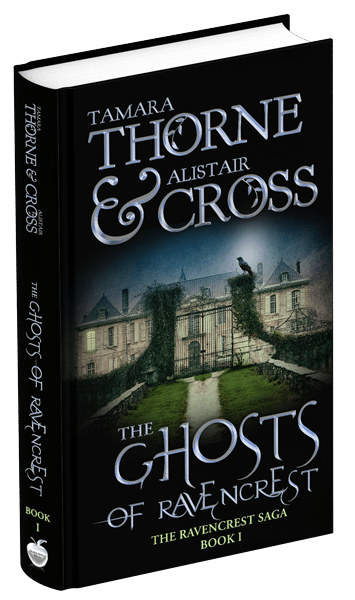 3D book cover for The Ghosts of Ravencrest by Tamara Thorne & Alistair Cross: A mansion set behind a beautiful green lawn at dusk.