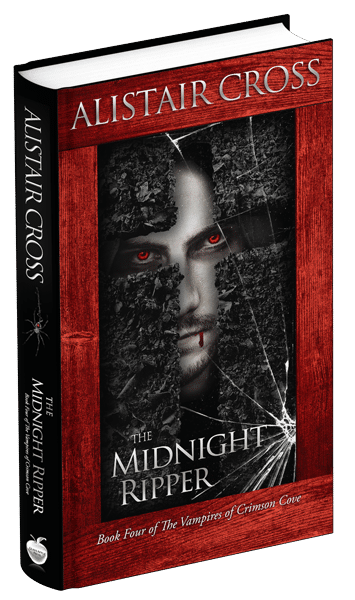 3D book cover for The Midnight Ripper by Alistair Cross: A man's face with red eyes and blood dripping down his lip. The man's face is framed inside of a cross made from black stone. The image has a red frame around it.