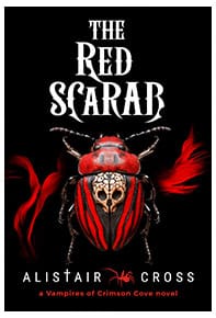 Book cover for The Red Scarab. Image of a scarab beetle with a skull in the center of its back.