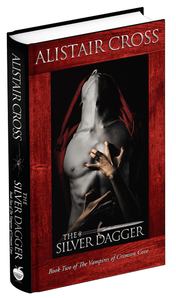 3D book cover for The Silver Dagger: Man wearing a red hoodie that's open in the front and no shirt. A female's hands are gripping the man's chest and abdomen. The image has a red frame around it.