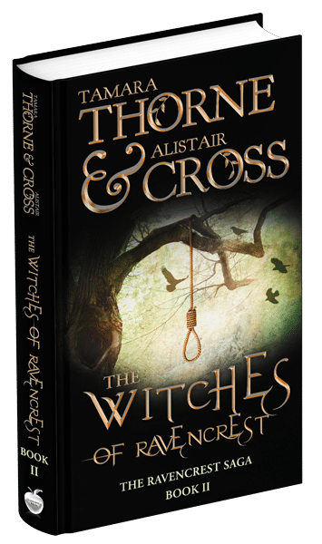 3D book cover for The Witches of Ravencrest by Tamara Thorne & Alistair Cross: A large tree with a hanging rope tied around a thick limb and small birds flying in the background.