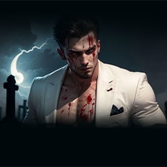 A handsome, well-built young man standing in a graveyard at night with the moonlight showing on him. He's wearing a white suit jacket with a black pocket square, no shirt, and blood on his forehead and chest.